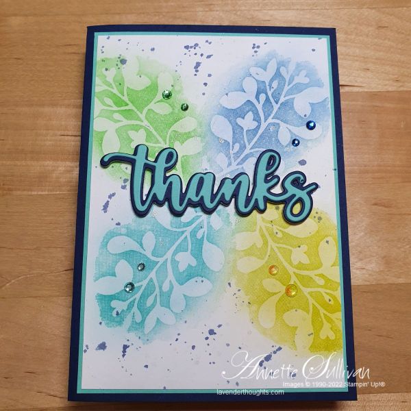 Stampin' Up! Amazing Silhouettes stamp of leaves coloured with pastels together with a die cut Thanks.